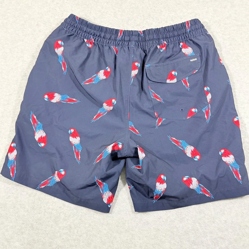 Hurley lined Swim Trunks Men Large Navy Blue Excellent Parrot Print Board Shorts